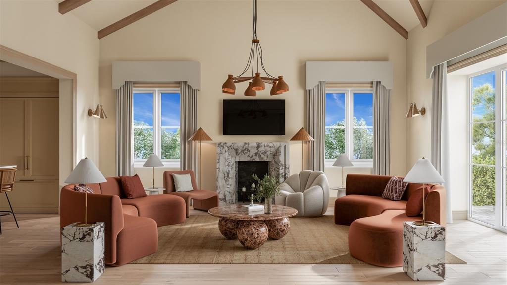 This rendering shows a living room with a marble fireplace, terracotta sofas, and vaulted ceilings — 18371 SPLIT RAIL ROAD, BROOKSVILLE, FL