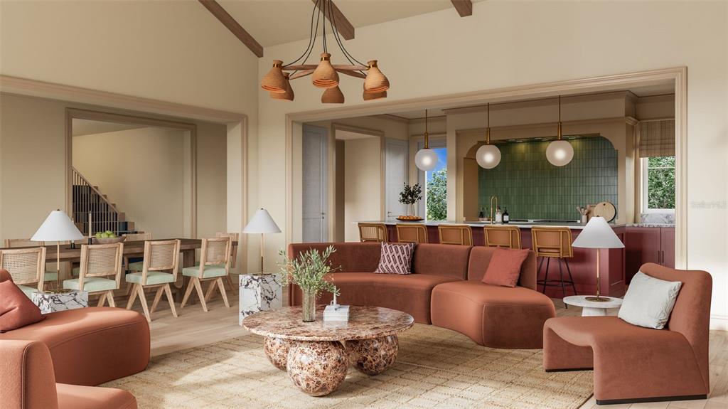 This rendering shows an open-concept living room and kitchen with terracotta furniture and wood accents — 18371 SPLIT RAIL ROAD, BROOKSVILLE, FL