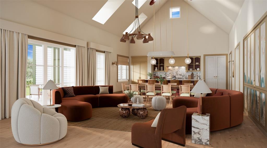 This is a rendering of a spacious living and dining area with vaulted ceilings — 18371 SPLIT RAIL ROAD, BROOKSVILLE, FL