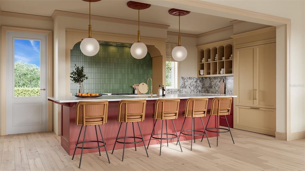 This rendering shows a kitchen with a red island, green tile backsplash, and four stools — 18371 SPLIT RAIL ROAD, BROOKSVILLE, FL