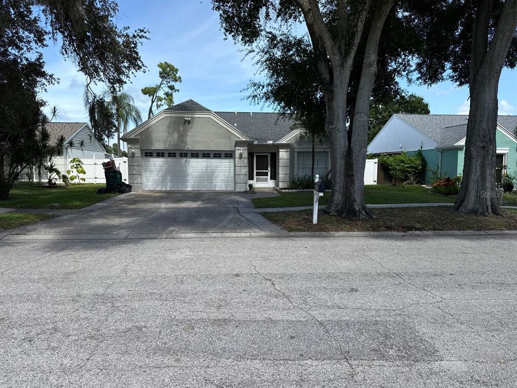 A single-story house with a two-car garage, a concrete driveway, and large shade trees — 3363 MARION DRIVE, PALM HARBOR, FL