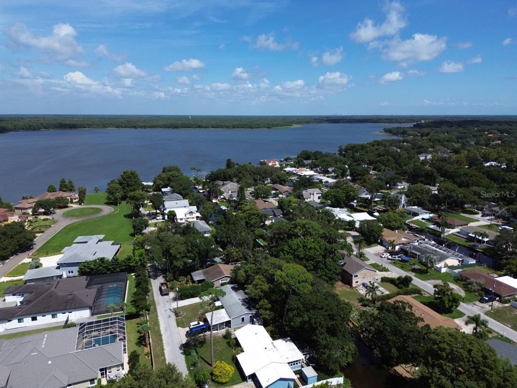 An aerial view shows a residential neighborhood situated along a large lake under a blue sky — 3363 MARION DRIVE, PALM HARBOR, FL