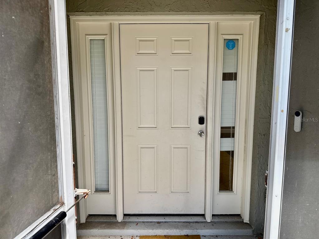 A white front door with two sidelights and a screen door frame — 3363 MARION DRIVE, PALM HARBOR, FL