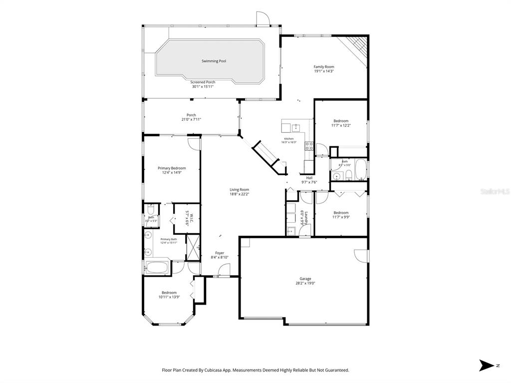 This is a floor plan of a house featuring a swimming pool and a garage — 1805 WOOD BEND STREET, TARPON SPRINGS, FL
