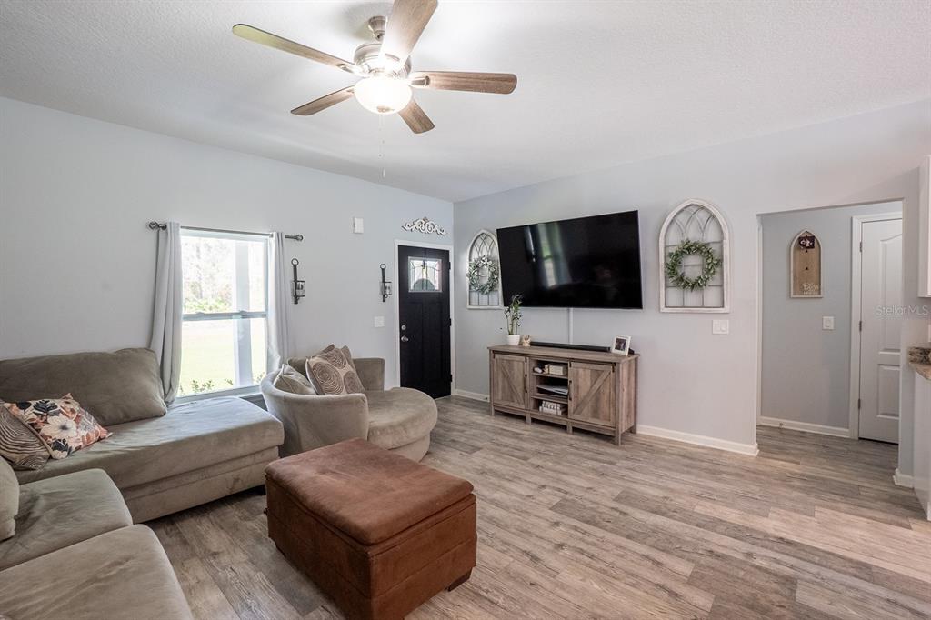 A living room features light gray walls, wood-look flooring, a ceiling fan, and a television — 10410 ZIGLER AVENUE, HASTINGS, FL