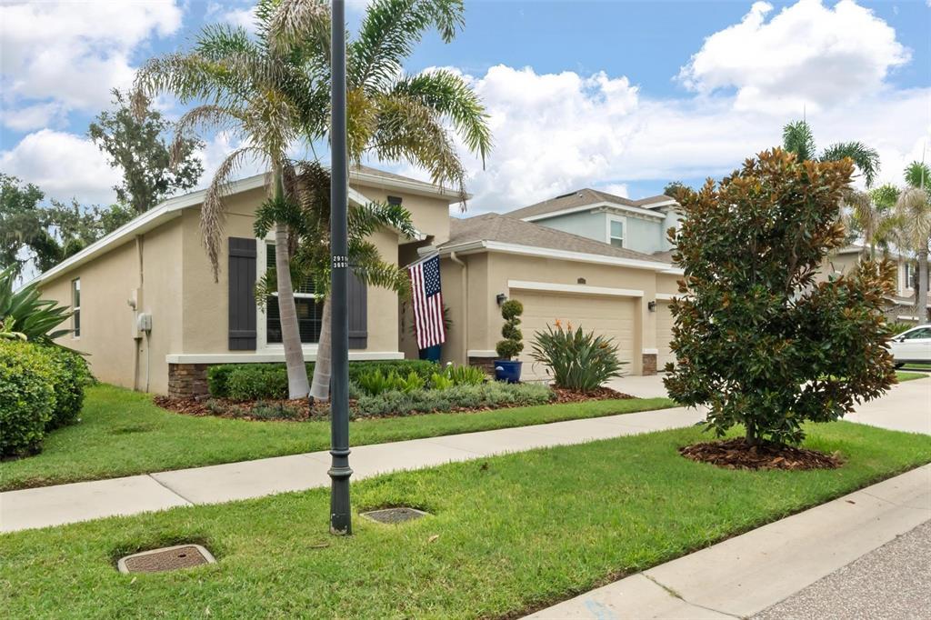 A beige single-story house with a two-car garage, palm trees, and an American flag — 10321 RIVERDALE RISE DRIVE, RIVERVIEW, FL