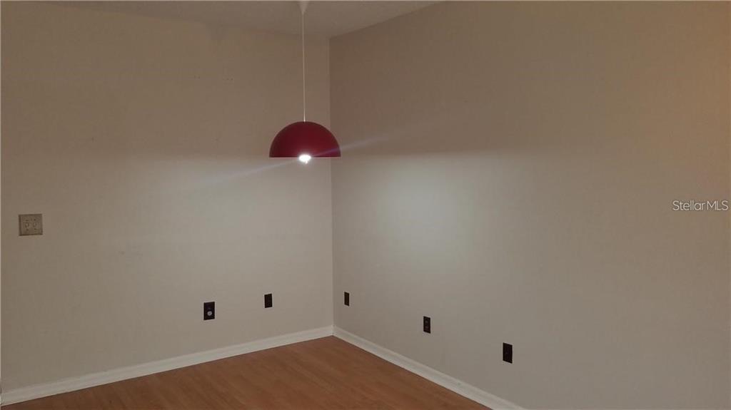 An empty room with light-colored walls, wood-look flooring, and a red pendant light fixture — 6241 OSPREY LAKE CIRCLE, RIVERVIEW, FL