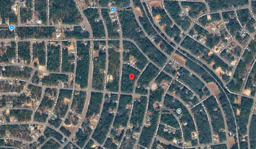 This is an aerial map view of a residential neighborhood with a red location marker — 10814 N HATARI DRIVE, CITRUS SPRINGS, FL