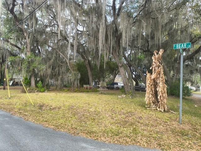 A street sign for E Bear Ln stands near a grassy lot with large trees — 4734 N APACHE TRAIL, HERNANDO, FL