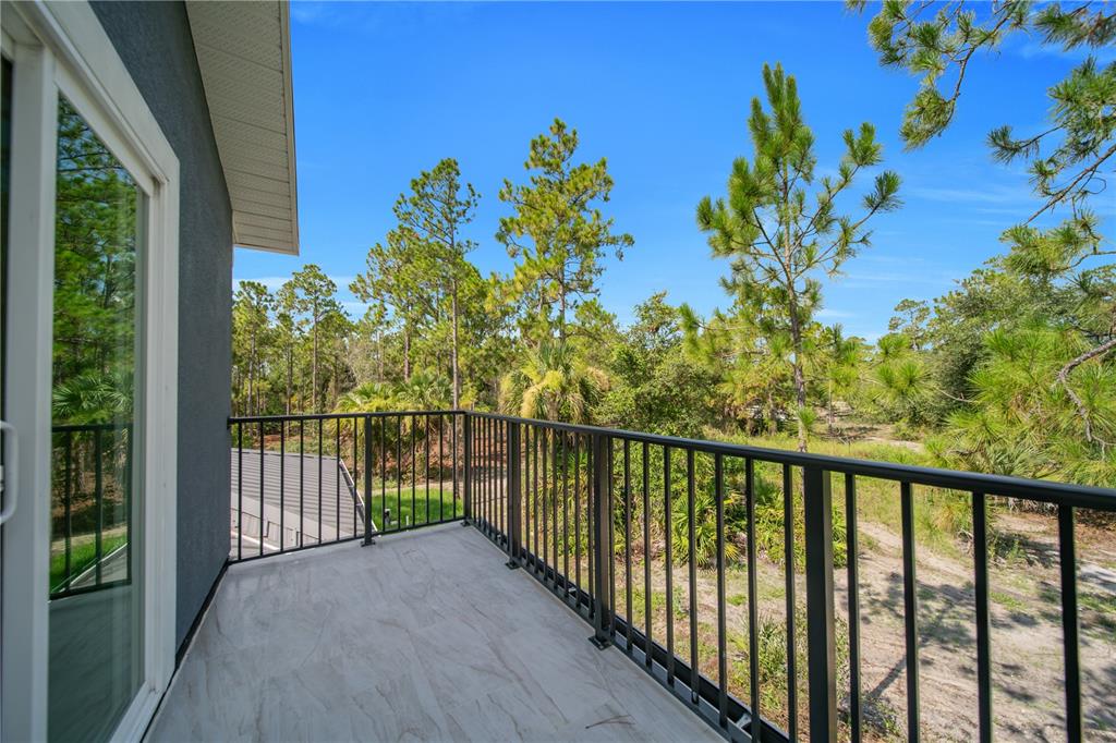 A balcony with a black metal railing overlooks a wooded area with pine trees — 317 JOHNS AVENUE, LEHIGH ACRES, FL