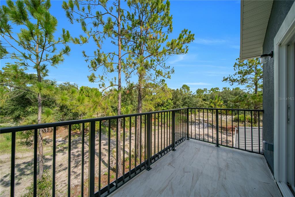A balcony with black metal railings overlooks a wooded area with sandy ground — 317 JOHNS AVENUE, LEHIGH ACRES, FL