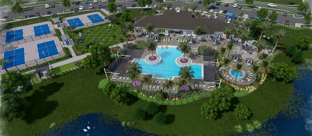 This is a rendering of a community clubhouse featuring a swimming pool, tennis courts, and parking — 576 KNOTTED BIRCH AVENUE, ST AUGUSTINE, FL