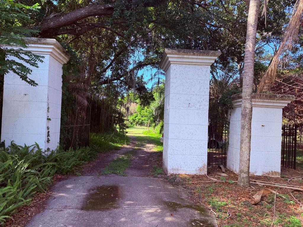 A paved driveway leads through three large, white masonry pillars into a wooded area — 10984 PARK RIDGE GOTHA ROAD, WINDERMERE, FL