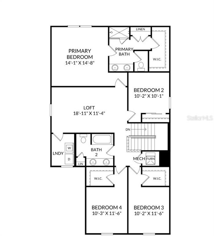 This is a floor plan of a residential second story with four bedrooms and a loft — 10139 MORNING MEADOWLARK TRAIL, PARRISH, FL