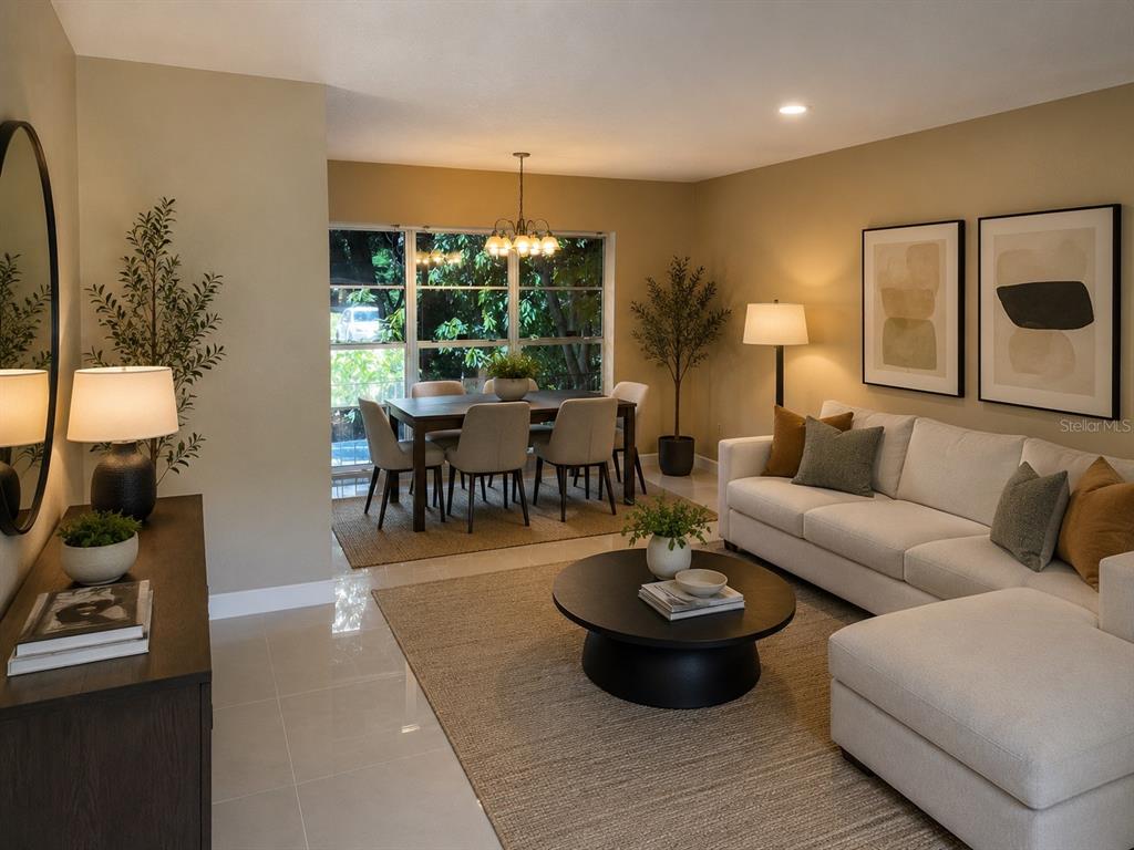 A living room and dining area feature neutral walls, tile floors, and modern furniture — 5847 HARRINGTON DRIVE, ORLANDO, FL