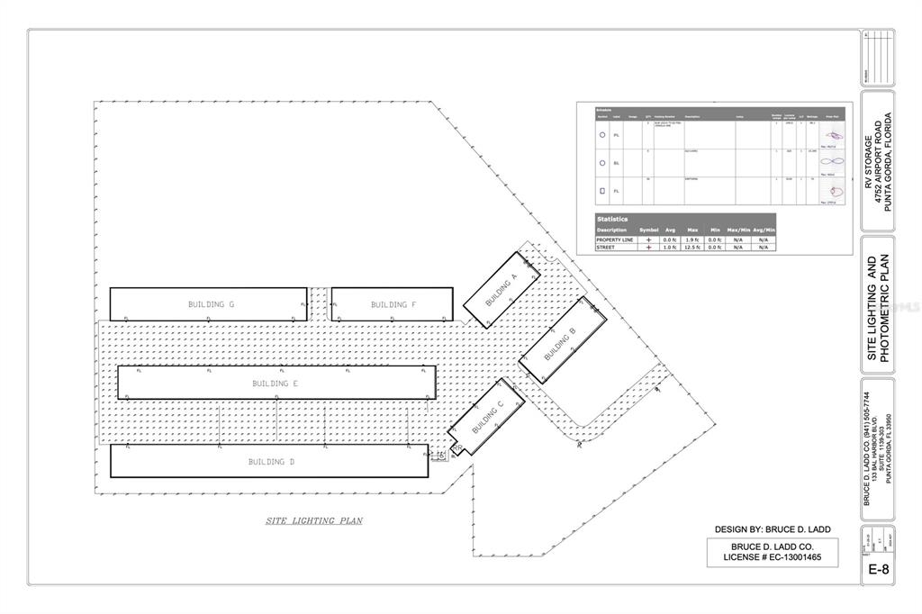 This is a site lighting and photometric plan for an RV storage facility — 25155 AIRPORT ROAD UNIT B1, PUNTA GORDA, FL
