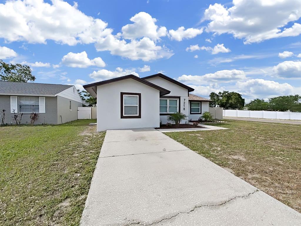 A single-story house with a white exterior, brown trim, and a concrete driveway — 7218 LUNITA COURT, TAMPA, FL