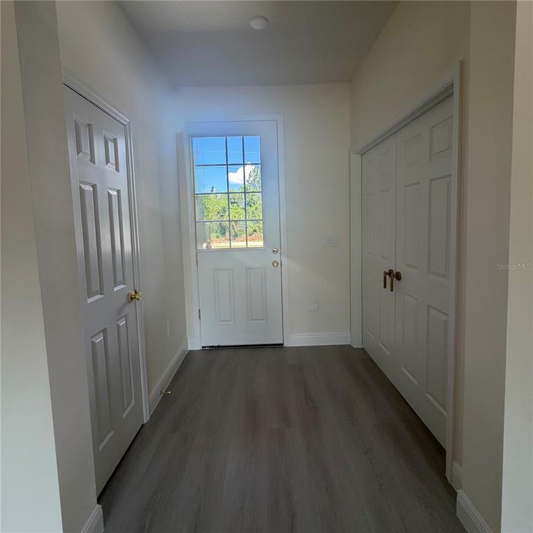 A hallway with gray wood-look flooring, a white exterior door, and two white closet doors — 324 CONDOR AVENUE, SEBRING, FL