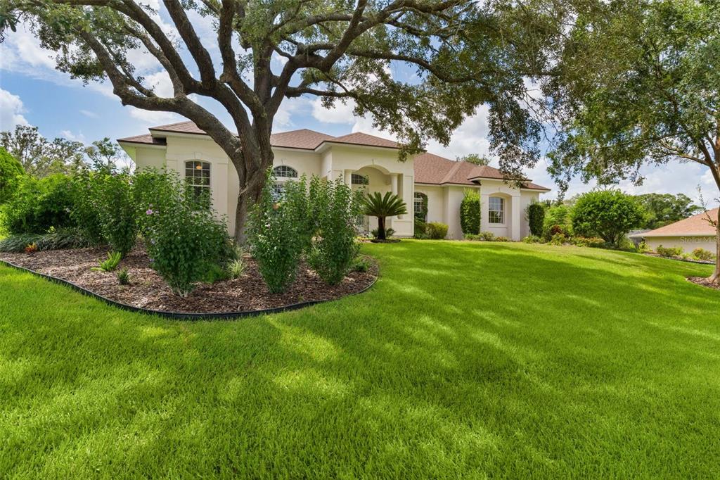 A single-story house with a large lawn, mature trees, and a landscaped garden bed — 39407 TREELINE DRIVE, LADY LAKE, FL