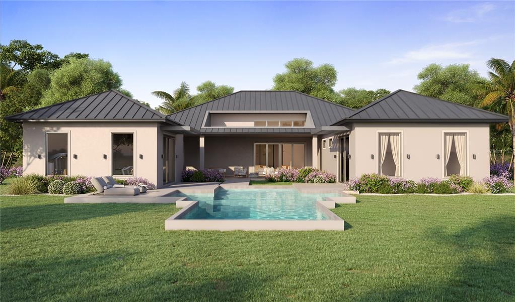 This is a rendering of a modern single-story house with a pool and metal roof — 16250 PENDIO DRIVE, MONTVERDE, FL