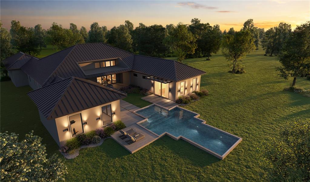 This is a rendering of a modern house exterior featuring a pool and a metal roof — 16250 PENDIO DRIVE, MONTVERDE, FL