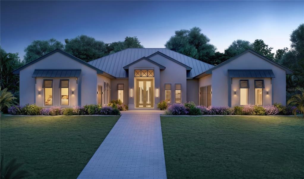 This is a rendering of a single-story house with a metal roof and paved walkway — 16250 PENDIO DRIVE, MONTVERDE, FL