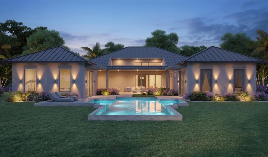 A digital rendering of a modern house exterior featuring a swimming pool at dusk — 16250 PENDIO DRIVE, MONTVERDE, FL