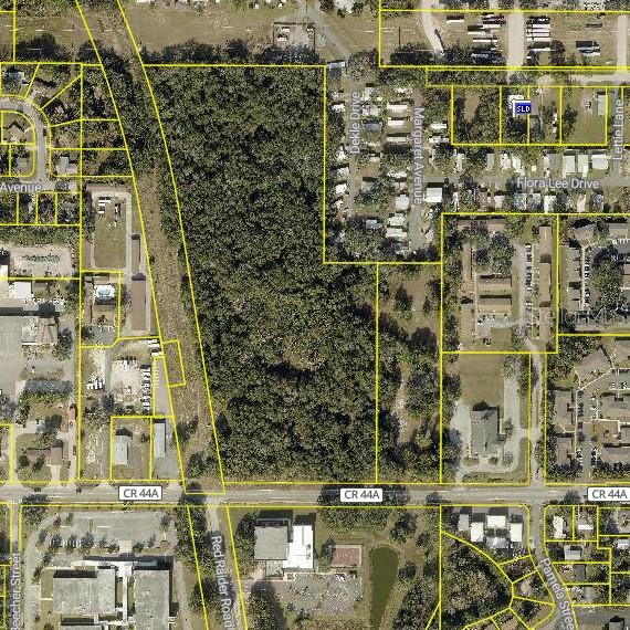 This is an aerial map showing a large, wooded parcel of land along CR 44A — GRIFFIN ROAD, LEESBURG, FL