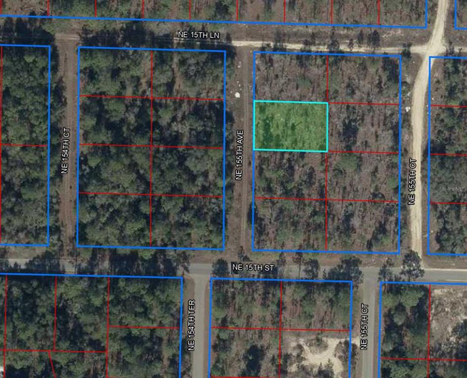 This is an aerial map showing a highlighted rectangular plot of land in a wooded area — tbd NE 155TH AVENUE, WILLISTON, FL