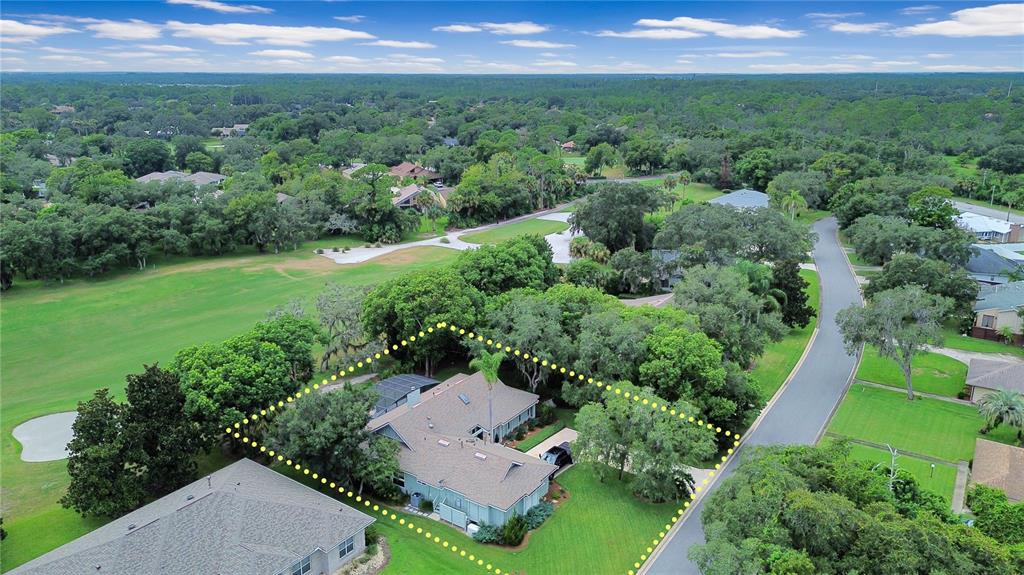 An aerial view shows a single-story house with a shingled roof surrounded by mature trees — 550 BOTTLEBRUSH COURT, NEW SMYRNA BEACH, FL