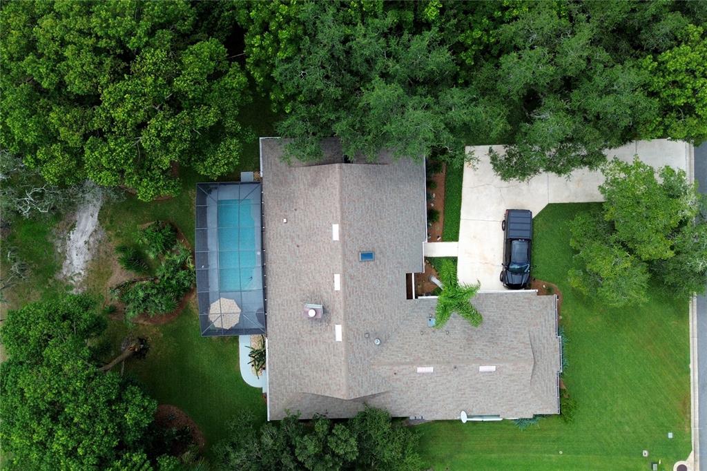 An aerial view shows a house with a screened pool, driveway, and surrounding wooded yard — 550 BOTTLEBRUSH COURT, NEW SMYRNA BEACH, FL