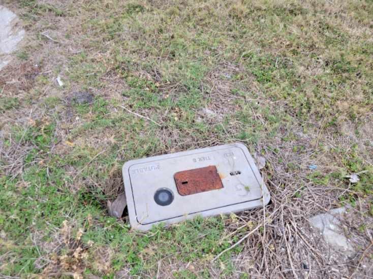 A rectangular utility access cover is set into the ground amidst patches of dry grass — 235 145TH AVENUE E, MADEIRA BEACH, FL