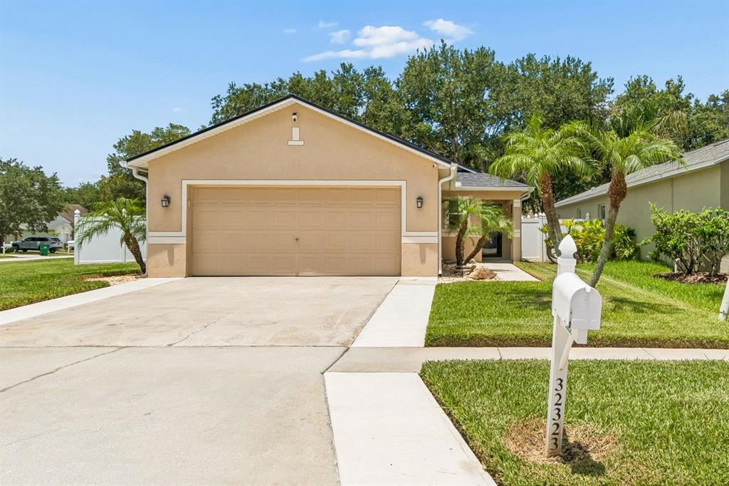 A single-story house with a beige stucco exterior, a two-car garage, and a front lawn — 32323 FISH HOOK LOOP, WESLEY CHAPEL, FL
