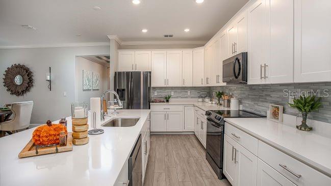 A modern kitchen features white cabinetry, quartz countertops, stainless steel appliances, and wood-look flooring — 24278 NW 11TH LANE, NEWBERRY, FL