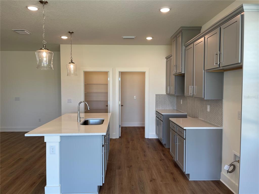 A modern kitchen features gray cabinets, white countertops, a center island, and wood-look flooring — 3809 DAYBREAK RUN LOOP, SPRING HILL, FL