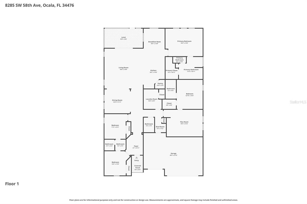 This is a floor plan for a single-story residential home with a garage — 8285 SW 58TH AVENUE, OCALA, FL