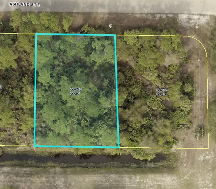 This is an aerial map showing a rectangular, wooded plot of land outlined in blue — 752 ASHLAND STREET E, LEHIGH ACRES, FL
