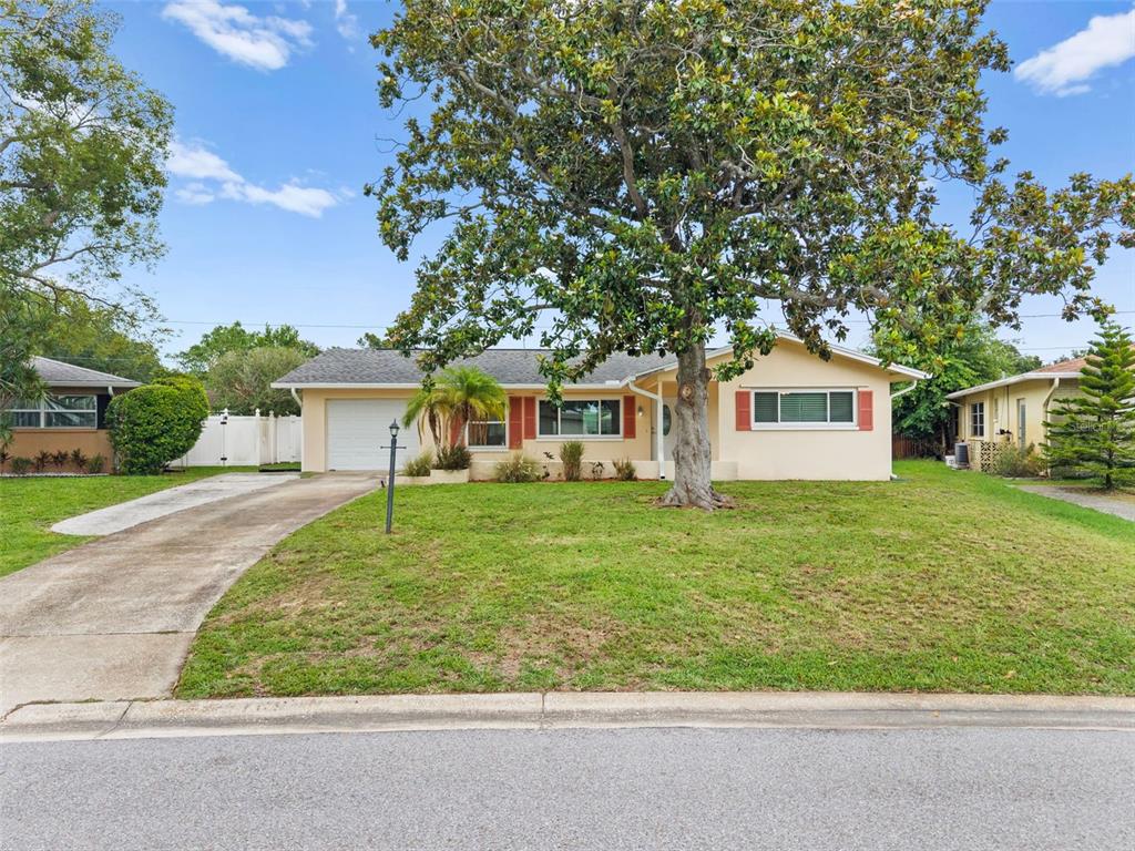 A single-story house with a beige exterior, red shutters, and a large tree in front — 2169 PINE RIDGE DRIVE, CLEARWATER, FL