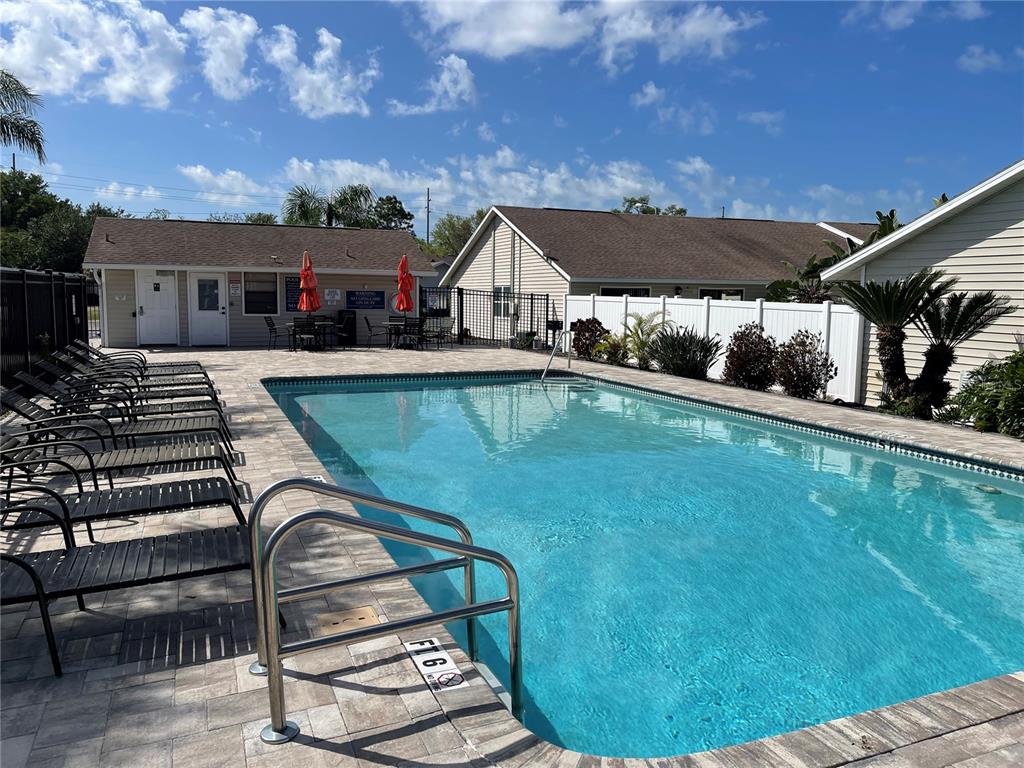 A rectangular swimming pool features a metal ladder and lounge chairs on a paved deck — 1821 ORANGE BOULEVARD WAY, PALM HARBOR, FL