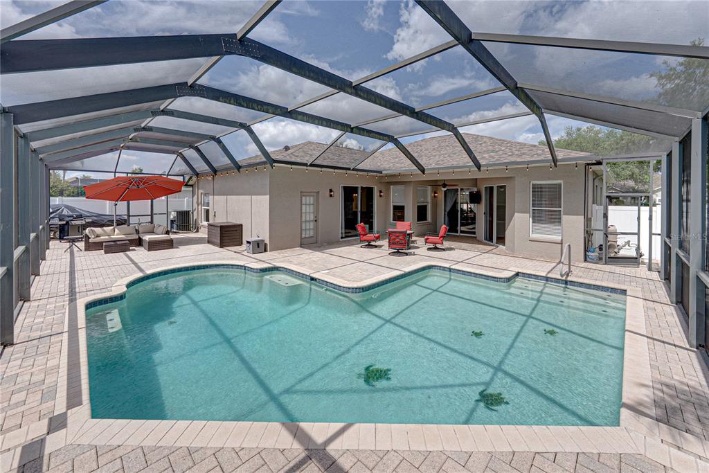 A screened-in patio features a swimming pool with turtle decals and outdoor seating — 1542 SWAMP ROSE LANE, TRINITY, FL