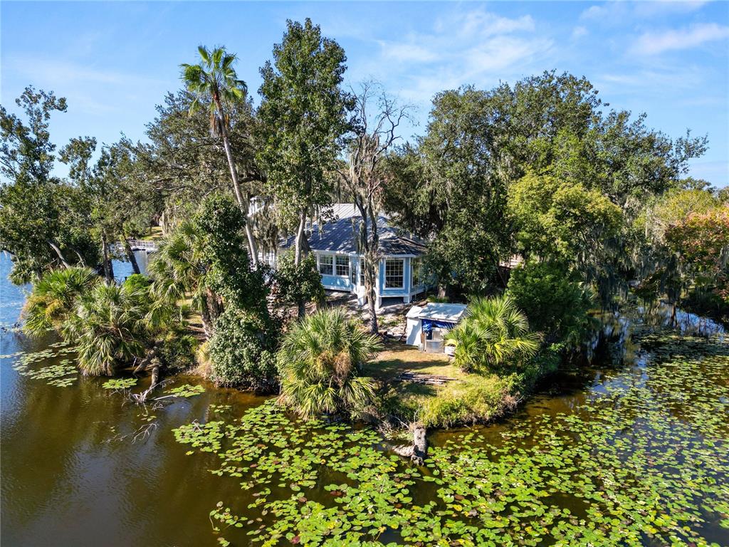 An aerial view of a light blue house nestled among trees on a lakefront lot — 109 NE 4TH AVENUE, MULBERRY, FL