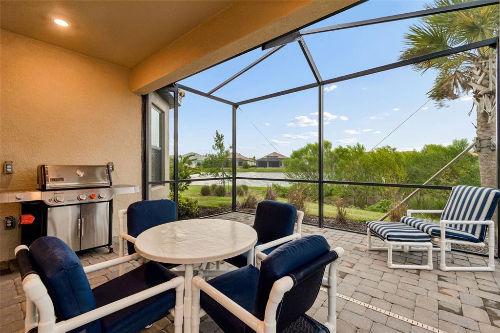 A screened-in patio features a grill, a round table with chairs, and a lake view — 4618 ROSATTI ROAD, WESLEY CHAPEL, FL
