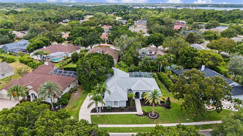 An aerial view shows a suburban neighborhood featuring several single-family homes with swimming pool enclosures — 3692 JOHNATHON AVENUE, PALM HARBOR, FL