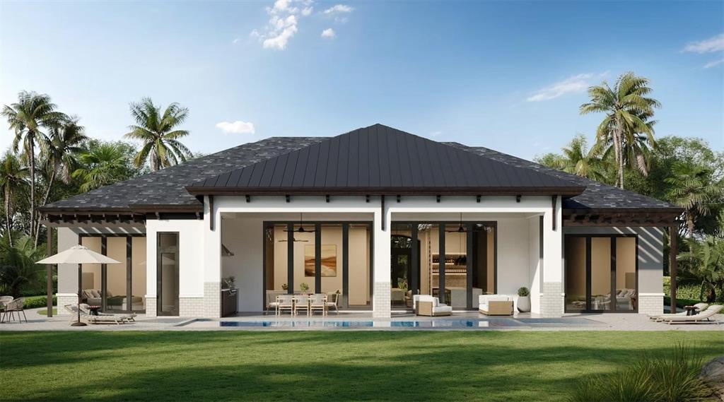 This architectural rendering shows the rear exterior of a modern house with a swimming pool — 838 NORSOTA WAY, SARASOTA, FL