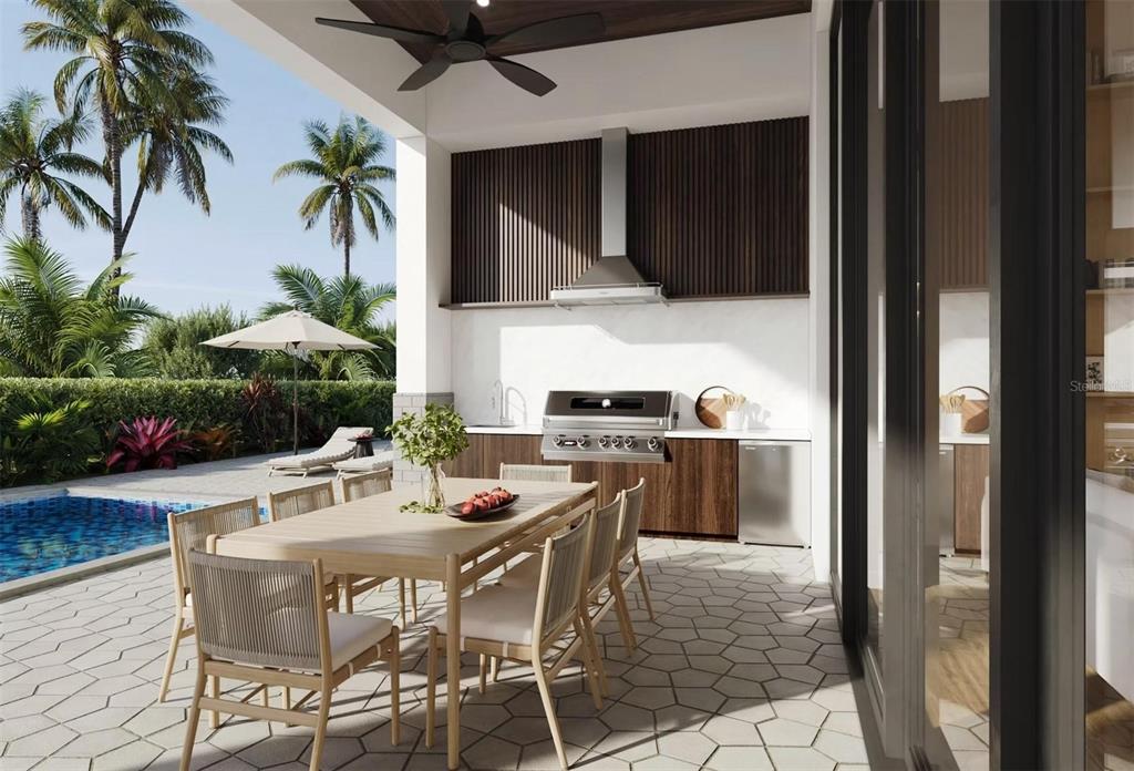 This rendering shows an outdoor kitchen and dining area on a patio next to a pool — 838 NORSOTA WAY, SARASOTA, FL