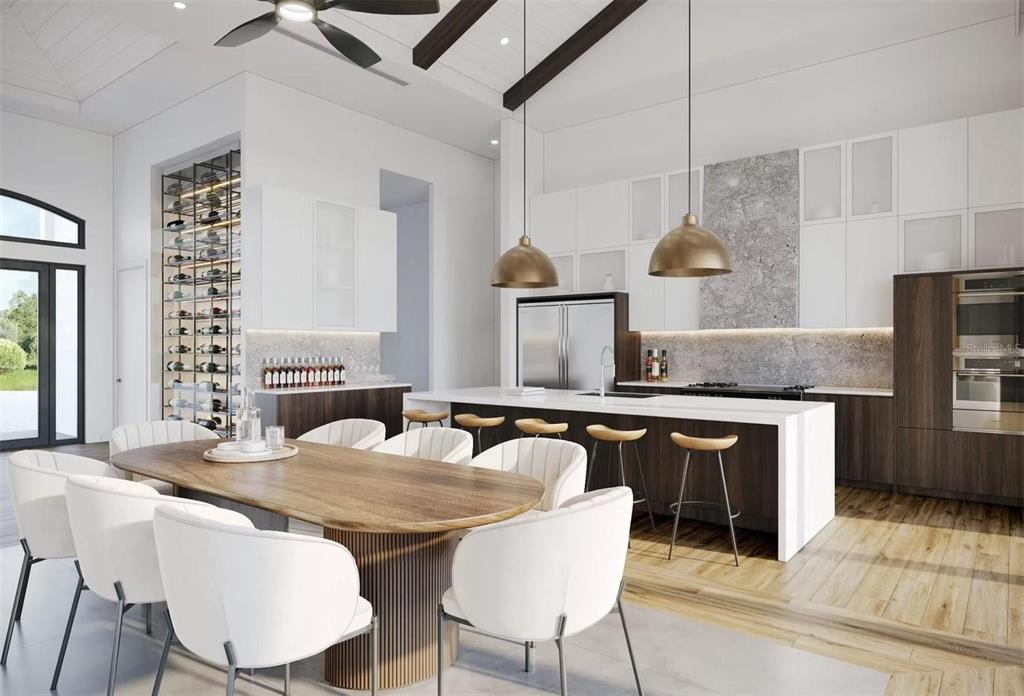 This is a rendering of a modern kitchen and dining area with wood accents — 838 NORSOTA WAY, SARASOTA, FL