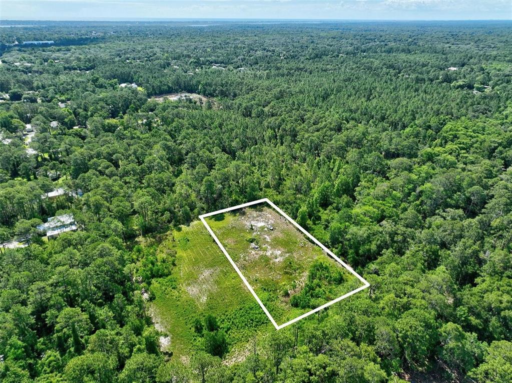 An aerial view shows a rectangular, cleared plot of land surrounded by dense forest — KINGS ESTATE ROAD, ST AUGUSTINE, FL
