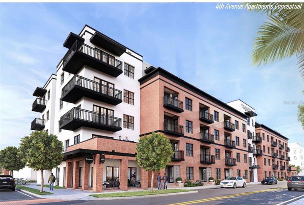 A digital rendering of a multi-story brick and white apartment building along a city street — 1715 E 4TH AVENUE, TAMPA, FL