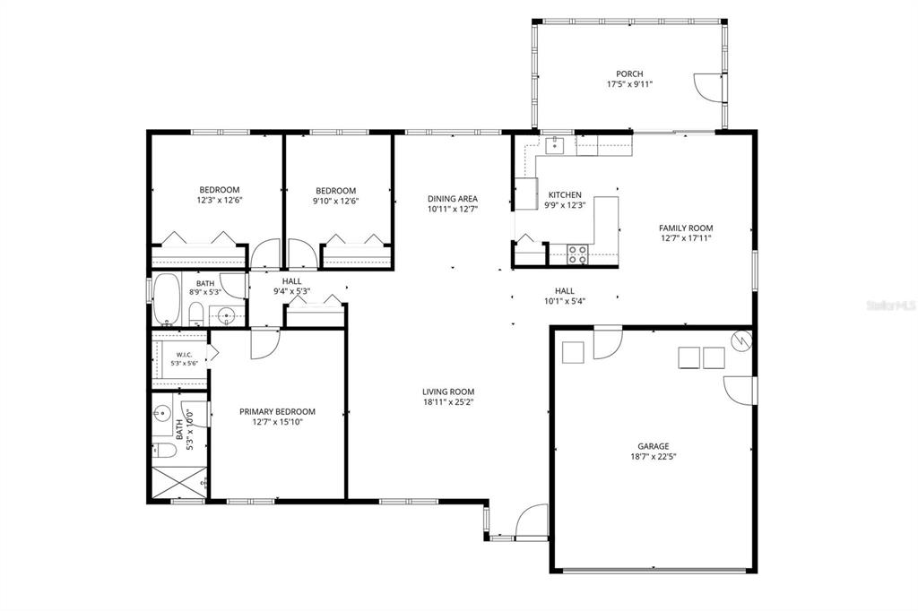 This is a floor plan of a single-story house featuring three bedrooms and a garage — 5674 BAY PINES LAKES BOULEVARD, ST PETERSBURG, FL