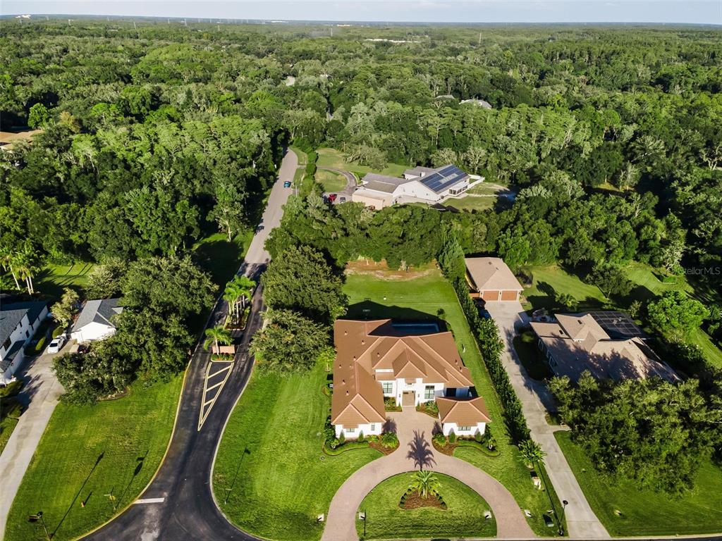 An aerial view shows a large house with a brown roof, circular driveway, and surrounding trees — 1422 OAK MEADOW POINT, NEW PORT RICHEY, FL